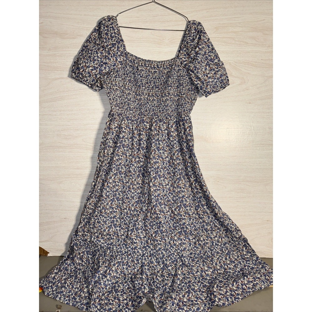 Smocked Square Neck Long Sleeve Floral Maxi Dress - Blue